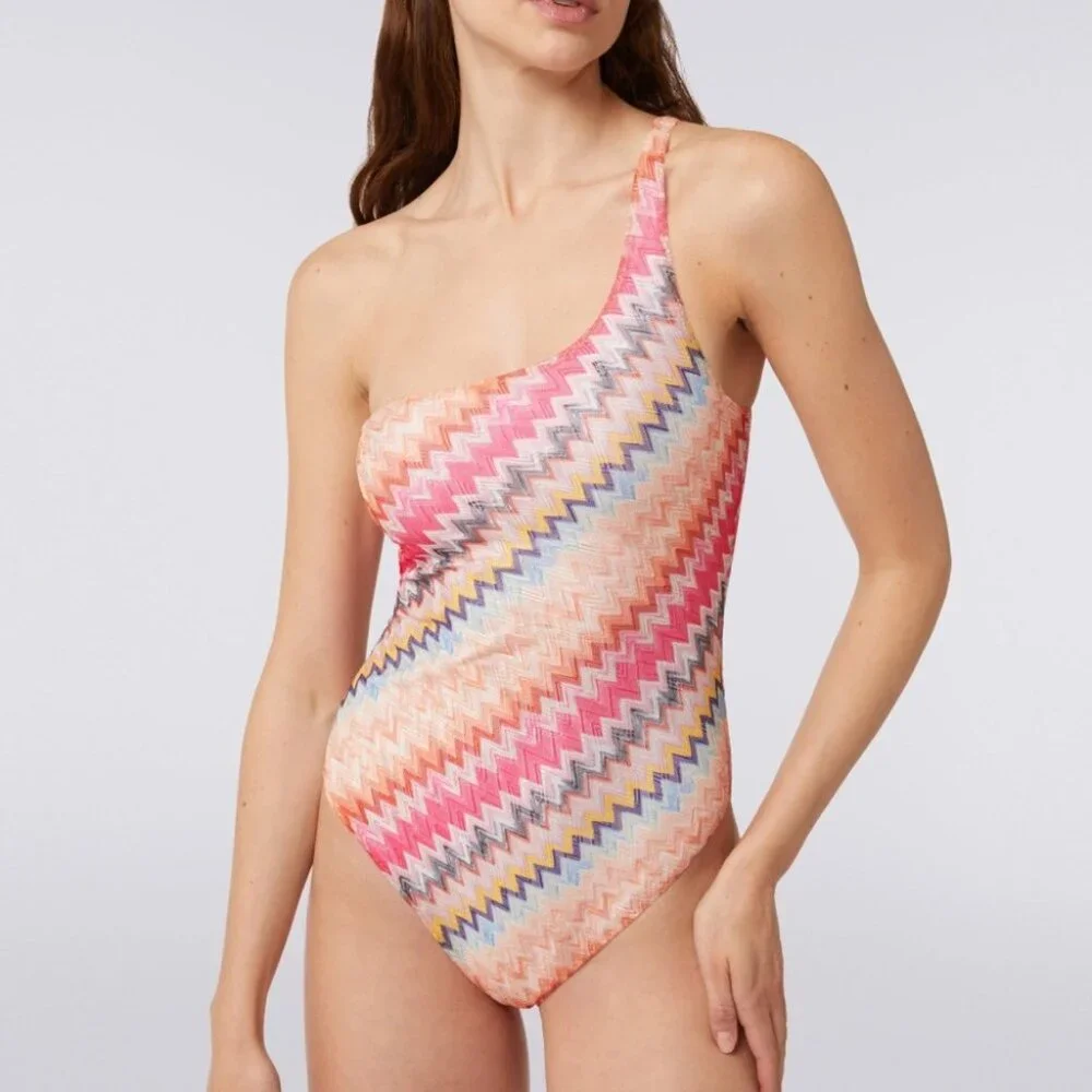 NWT Missoni One Piece Swimsuit Chevron Pink One Shoulder Bodysuit New XS 36 - Picture 6 of 11